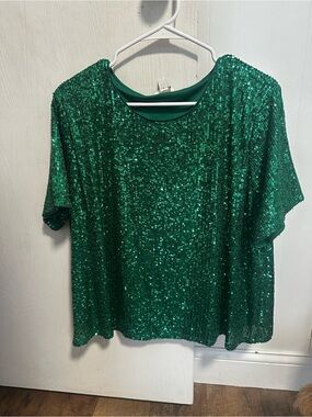 CATO Green Sequin Short Sleeve Top 2 X